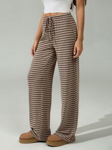SHEIN Tall 女款新款棕色條紋低腰長褲，秋冬季，適合高個女性 - 彩色 - 查看 4