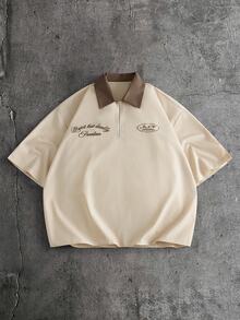 FRESIVO Men's Letter Print Short Sleeve Zipper Design Casual POLO Shirt - Khaki - View 2