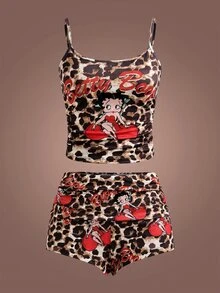 Betty Boop x SHEIN Women's Leopard Print Camisole Crop Top And Shorts Pajama Set, 2 Pieces Autumn Clothes - Multicolor - View 9