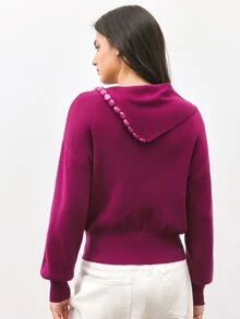 Maija Urban Purple Red Autumn/Winter Women's Knit Top With Asymmetrical Shoulder, Loose Fit And Button Decor - Red Violet - View 6