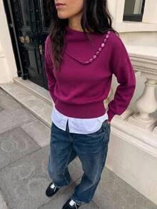Maija Urban Purple Red Autumn/Winter Women's Knit Top With Asymmetrical Shoulder, Loose Fit And Button Decor - Red Violet - View 2