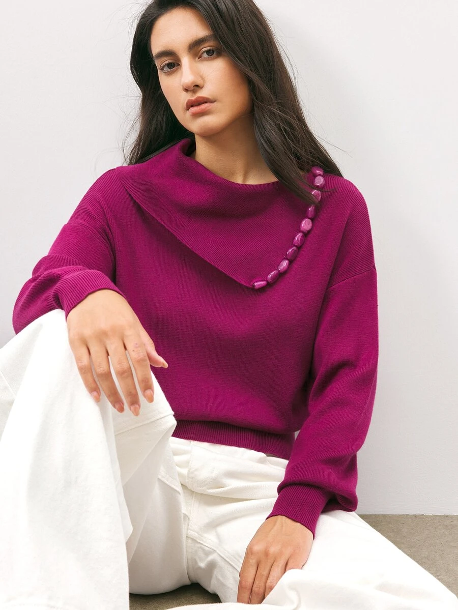 Maija Urban Purple Red Autumn/Winter Women's Knit Top With Asymmetrical Shoulder, Loose Fit And Button Decor - Red Violet - View 1