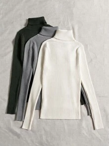 SHEIN LUNE 女款素色休閒端莊極簡百搭日常穿著長袖針織衫，適合日常辦公，深綠色、灰色、白色，秋季款 - Fresh Green - 查看 2
