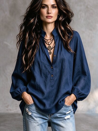 SHEIN Blus Wanita Kasual Longgar Leher V Terbuka Lengan Panjang Warna Biru Tua, Kemeja Kancing Depan, Atasan Dasar, Musim Panas dan Gugur, Gaya Pedesaan, Sehari-hari, Perjalanan, Liburan, Jalan-jalan