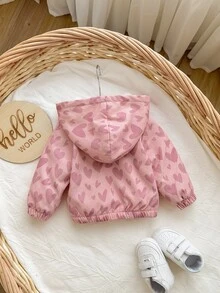 SHEIN Newborn Baby Girl Cute Light Pink Heart Pattern Fleece Hooded Jacket,Autumn Birthday Gift Baby Hoodie,Spring Fall Winter Warm Clothes - Pink - View 2