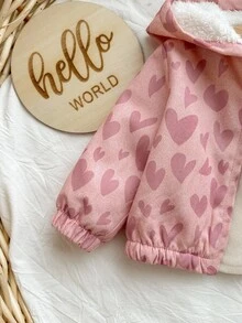 SHEIN Newborn Baby Girl Cute Light Pink Heart Pattern Fleece Hooded Jacket,Autumn Birthday Gift Baby Hoodie,Spring Fall Winter Warm Clothes - Pink - View 4