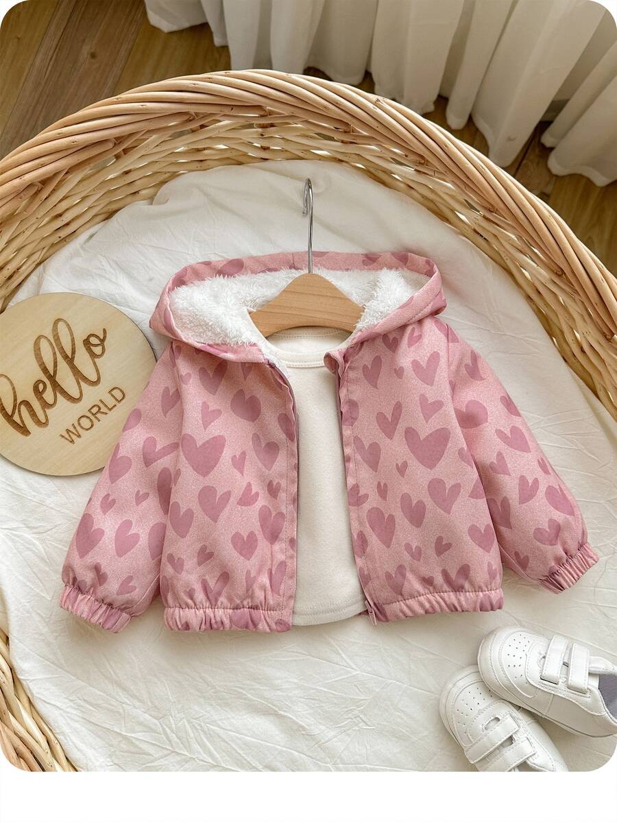 SHEIN Newborn Baby Girl Cute Light Pink Heart Pattern Fleece Hooded Jacket,Autumn Birthday Gift Baby Hoodie,Spring Fall Winter Warm Clothes - Pink - View 1