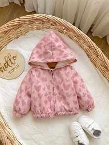 SHEIN Newborn Baby Girl Cute Light Pink Heart Pattern Fleece Hooded Jacket,Autumn Birthday Gift Baby Hoodie,Spring Fall Winter Warm Clothes - Pink - View 6