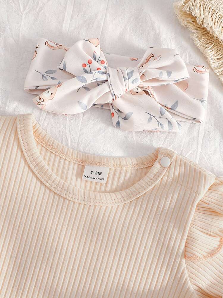 Newborn 2 Pieces Set Khaki Cotton Ribbed Long Sleeve Jumpsuit With Printed Cartoon Rabbit, Footed Pants And Headband, Simple Fashionable Wearable Loungewear For All Seasons - Khaki - View 5