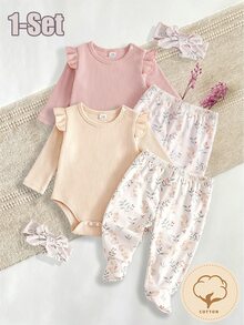 新生兒 2 件套卡其色棉質羅紋長袖連身衣，印花卡通兔子圖案，附連腳褲與髮帶，簡約時尚四季可穿居家服 - 卡其色 - 查看 7