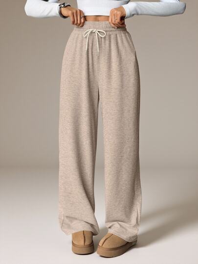SHEIN Tall Women's Casual Athleisure Drawstring Waist Loose Khaki Sweatpants, Summer Lounge Wide Leg Cargo Pants, Elegant Beige Trousers For School Commuting