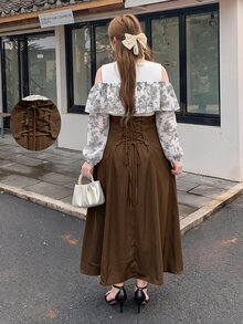 Bijouette 大尺碼秋季優雅拼接配色花卉印花露肩洋裝，黑白拼接水墨印花法式優雅荷葉邊洋裝 - 棕色 - 查看 9