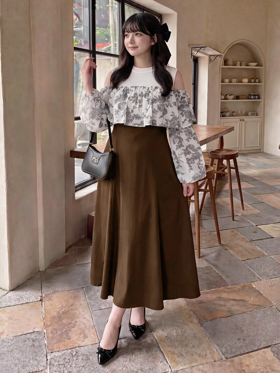 Bijouette 大尺碼秋季優雅拼接配色花卉印花露肩洋裝,黑白拼接水墨印花法式優雅荷葉邊洋裝 - 棕色 - 查看 1