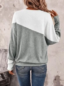 SHEIN LUNE 女款拼色休閒日常長袖運動衫 灰色 早午餐 秋季 - 灰色 - 查看 9