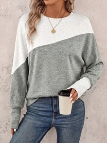 SHEIN LUNE 女款拼色休閒日常長袖運動衫 灰色 早午餐 秋季 - 灰色 - 查看 4