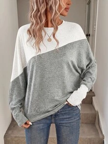 SHEIN LUNE 女款拼色休閒日常長袖運動衫 灰色 早午餐 秋季 - 灰色 - 查看 7