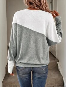 SHEIN LUNE 女款拼色休閒日常長袖運動衫 灰色 早午餐 秋季 - 灰色 - 查看 2