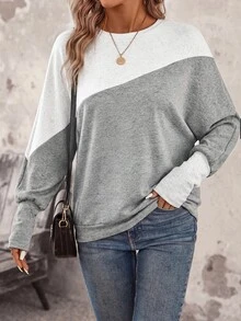 SHEIN LUNE 女款拼色休閒日常長袖運動衫 灰色 早午餐 秋季 - 灰色 - 查看 10