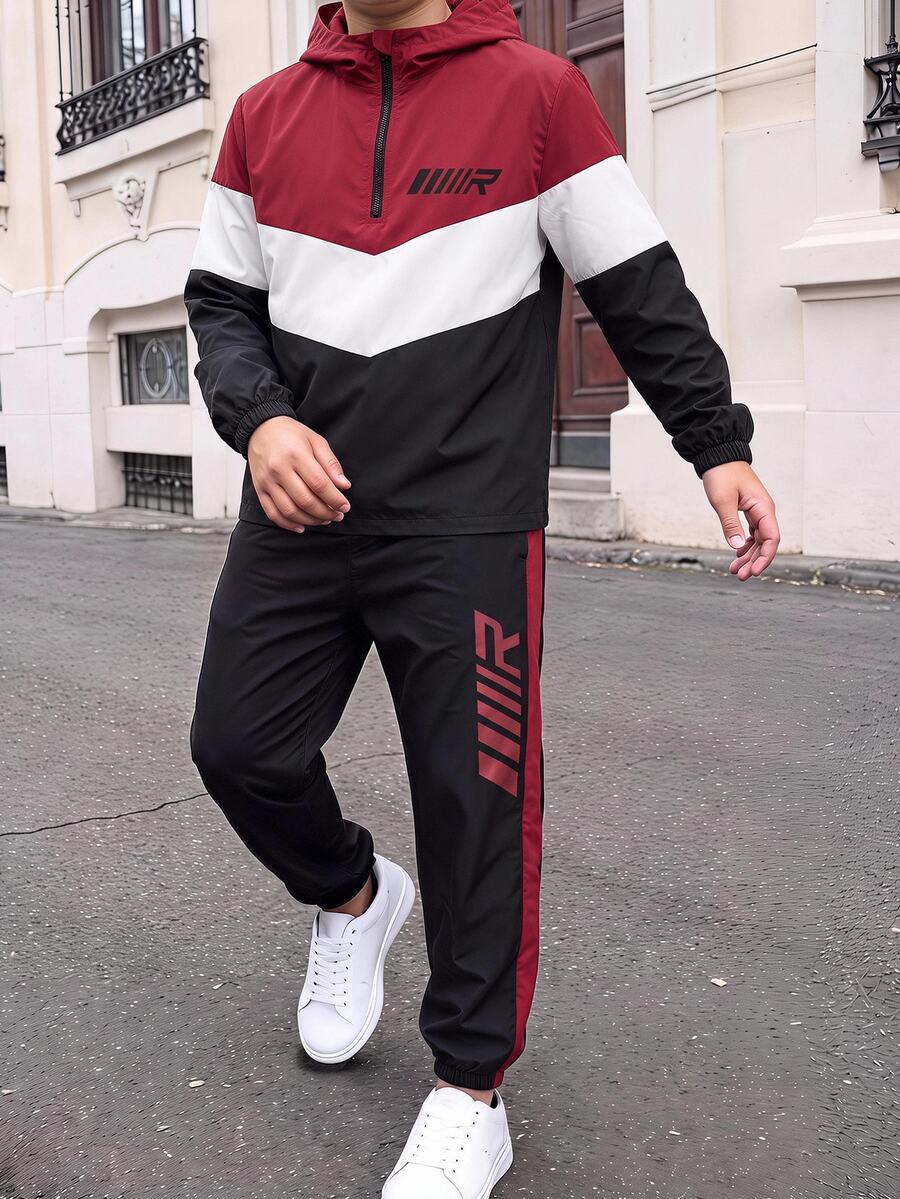 SHEIN 2pcs Kids Tween Boy Casual Daily Comfortable Colorblock Patchwork Hooded Half-Zip Pullover Loose Long Sleeve Jacket And Loose Jogger Pants Woven 2 Pieces Set - Black - View 1