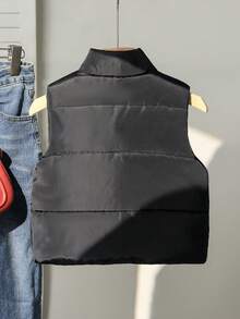 女童冬季燈芯絨復古立領拉鍊背心短款加厚棉服外套，經典百搭 - 黑色 - 查看 2