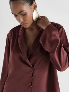 KSTM Satin Oversized Button-Down Shirt With Notched Collar And Long Sleeves Luxe Pajama Style Blouse For Evening And Holiday Occasions - Redwood - View 4