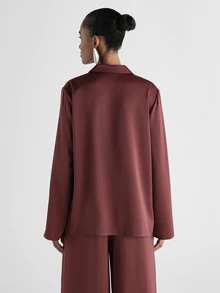 KSTM Satin Oversized Button-Down Shirt With Notched Collar And Long Sleeves Luxe Pajama Style Blouse For Evening And Holiday Occasions - Redwood - View 2