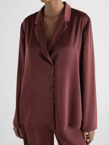 KSTM Satin Oversized Button-Down Shirt With Notched Collar And Long Sleeves Luxe Pajama Style Blouse For Evening And Holiday Occasions - Redwood - View 1
