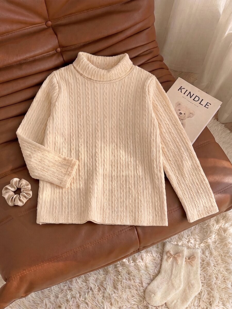 SHEIN Elladie kids 女童高領針織提花T恤，秋冬長袖上衣 - 杏色 - 查看 1