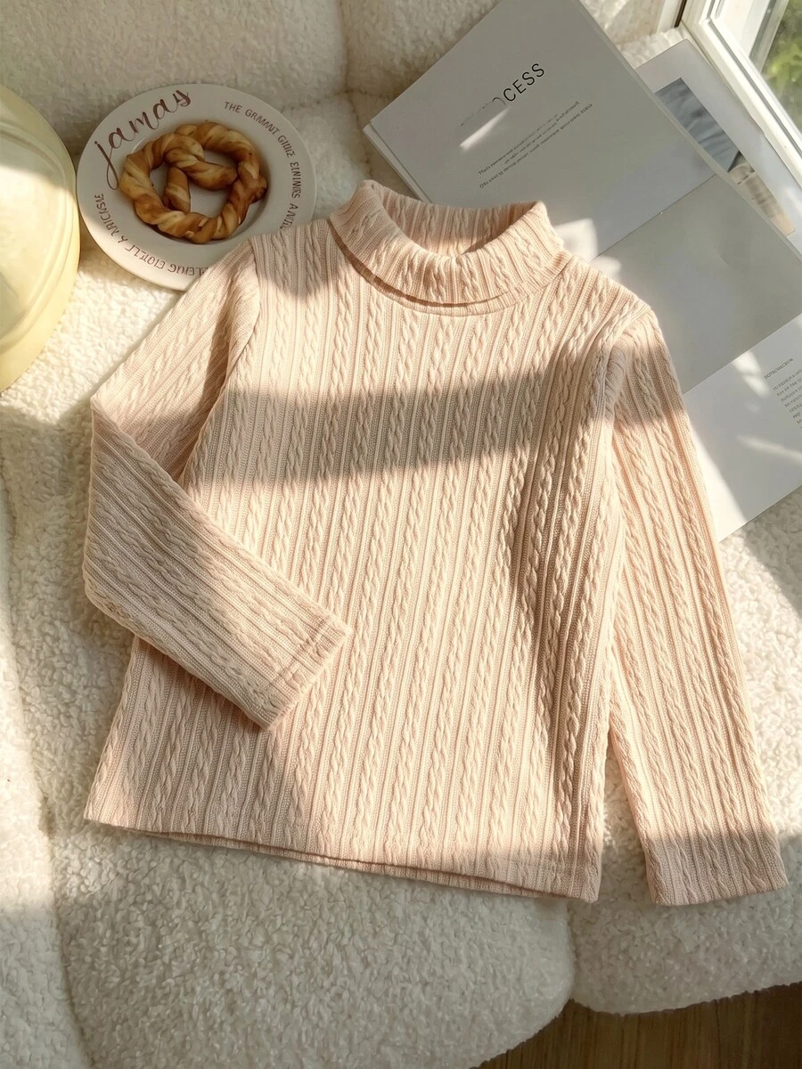 SHEIN Elladie kids Girls' High Neck Knit Jacquard T-Shirt, Autumn/Winter Long Sleeve Top - Apricot - View 1