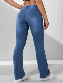 Jeanoix Autumn Casual Anti Social High Waist Flare Navy Blue Denim Daily Wear Washed Comfortable Plus Size Jeans For Women Formal Beach - Dark Wash - View 2