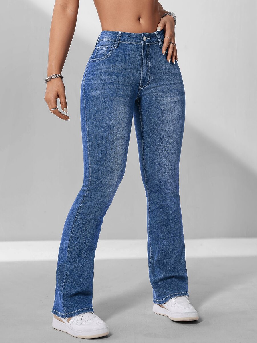 Jeanoix Autumn Casual Anti Social High Waist Flare Navy Blue Denim Daily Wear Washed Comfortable Plus Size Jeans For Women Formal Beach - Dark Wash - View 1