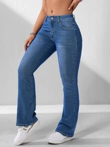 Jeanoix Autumn Casual Anti Social High Waist Flare Navy Blue Denim Daily Wear Washed Comfortable Plus Size Jeans For Women Formal Beach - Dark Wash - View 3