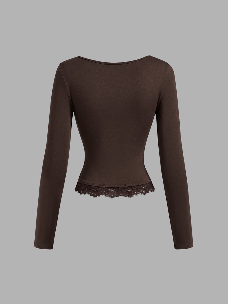 SHEIN MOD 3-Pack Women's Solid Color Round Neck Long Sleeve Casual Simple Elegant T-Shirt With Lace Hem Fall Halloween Christmas Office Black Brown Beige - Multicolor - View 7