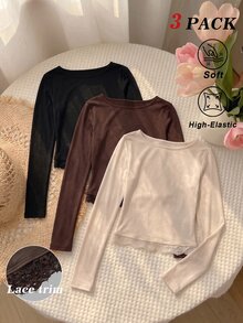 SHEIN MOD 3件組女款純色圓領長袖休閒簡約優雅蕾絲下擺T恤，適合秋季、萬聖節、聖誕節、辦公室穿著，黑色、棕色、米色 - 彩色 - 查看 1