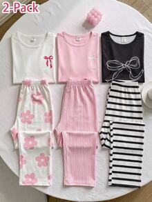 4pcs Girls' Teenager 4-Piece Set Home Wear, Long Sleeve Top With Cutout Print, All-Over Digital Print Long Pants, Milk Silk Fabric Autumn/Winter - Black - View 7