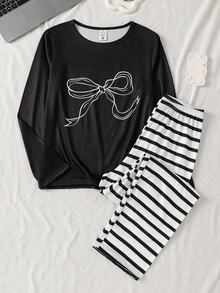 4pcs Girls' Teenager 4-Piece Set Home Wear, Long Sleeve Top With Cutout Print, All-Over Digital Print Long Pants, Milk Silk Fabric Autumn/Winter - Black - View 3