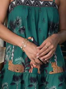 Alya Khalil Women's Dark Green Palm Tree & Leopard Print Ruffle Hem Spaghetti Strap Dress,Summer Boho Beach Vacation Holiday Holiday Tropical Resort Wear Outfit - Green - View 4