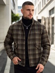 Manfinity Homme 2026秋冬深棕色格紋羊毛混紡立領短版夾克，復古休閒80年代工裝風，適合度假、通勤與社交場合 - 彩色 - 查看 6