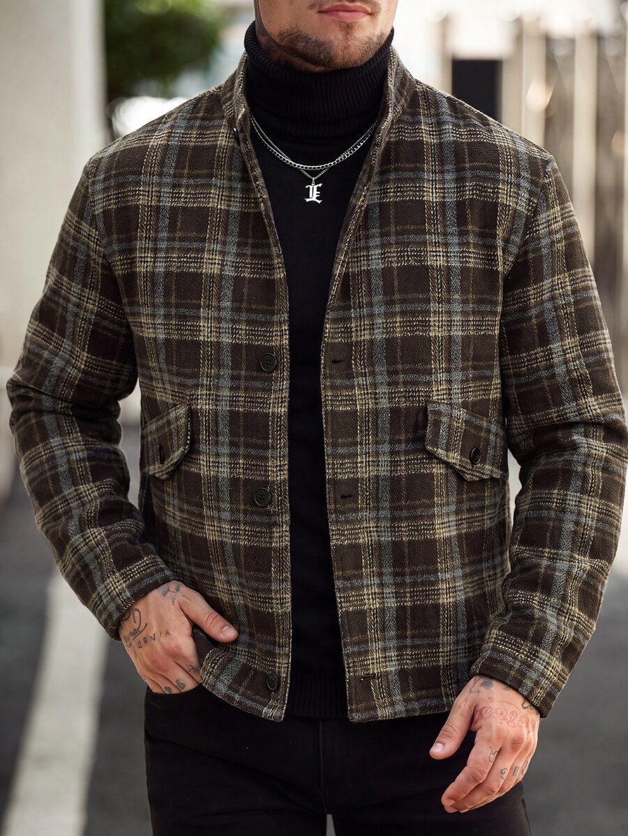 Manfinity Homme 2026秋冬深棕色格紋羊毛混紡立領短版夾克，復古休閒80年代工裝風，適合度假、通勤與社交場合 - 彩色 - 查看 1