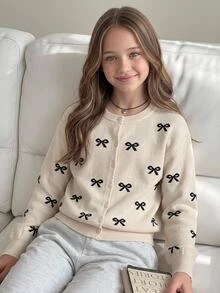 SHEIN Tween Girl Apricot Bow Kids Jacquard Button Front Long Sleeve Knit Sweater Cardigan With Ribbed , Preppy Fall Tops Sweaters Pull Winter Cozy Campus - Apricot - View 1