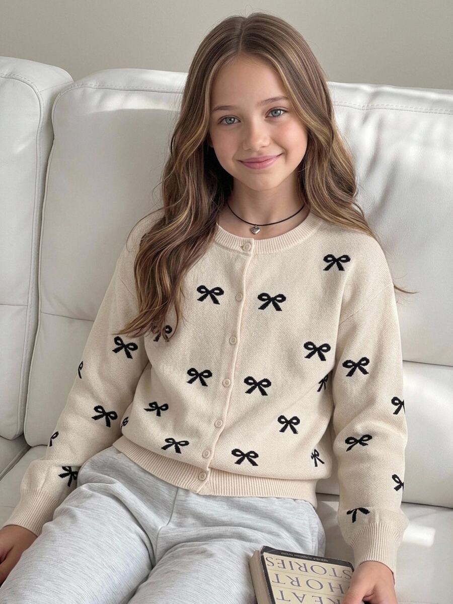 SHEIN Tween Girl Apricot Bow Kids Jacquard Button Front Long Sleeve Knit Sweater Cardigan With Ribbed , Preppy Fall Tops Sweaters Pull Winter Cozy Campus - Apricot - View 1