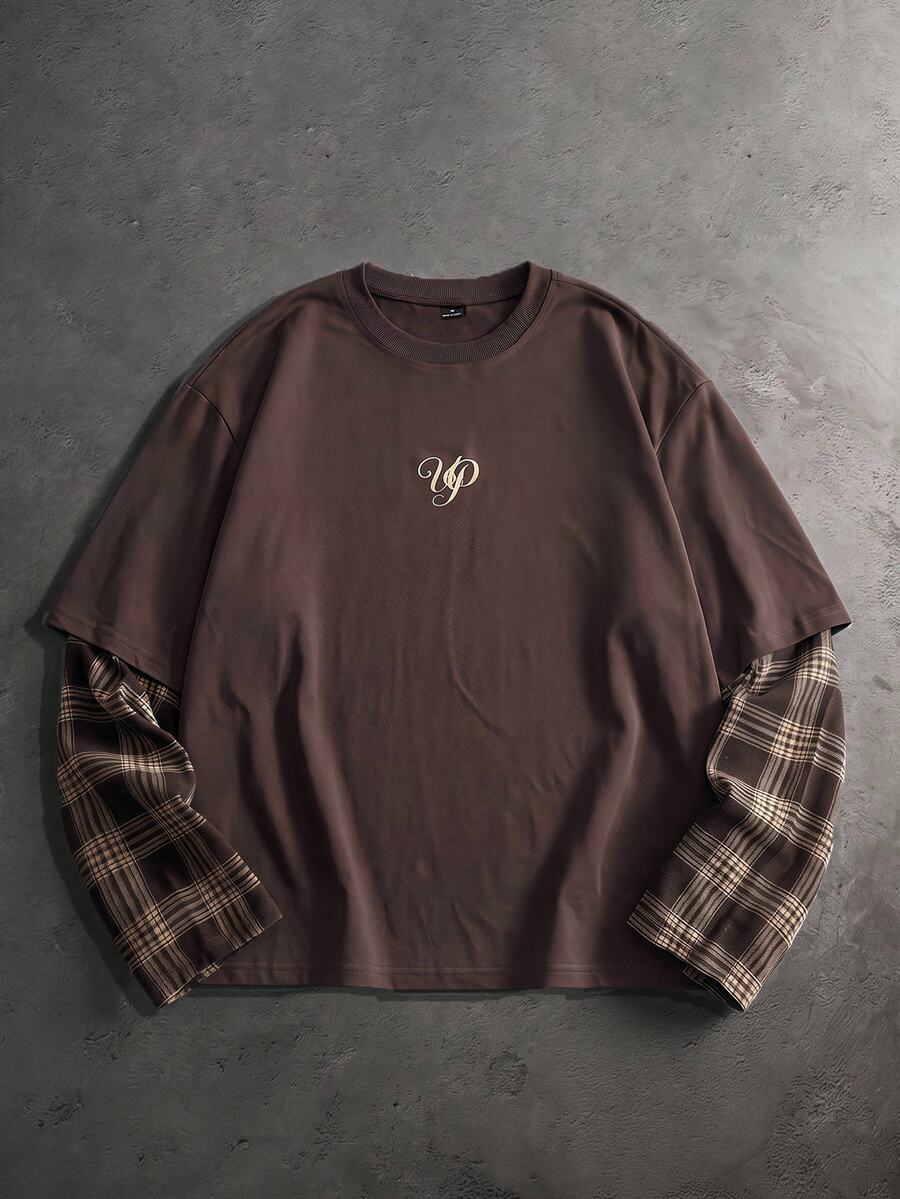 GETOML Men's Commute Plaid Layered Patchwork Contrast Color 2 In 1 Long Sleeve T-Shirt, Autumn City Break Halloween Christmas Winter Party Autumn - Brown - View 1
