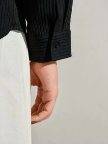 VeloEdit 男士長袖單排扣休閒通勤襯衫 - 純黑色 - 查看 9