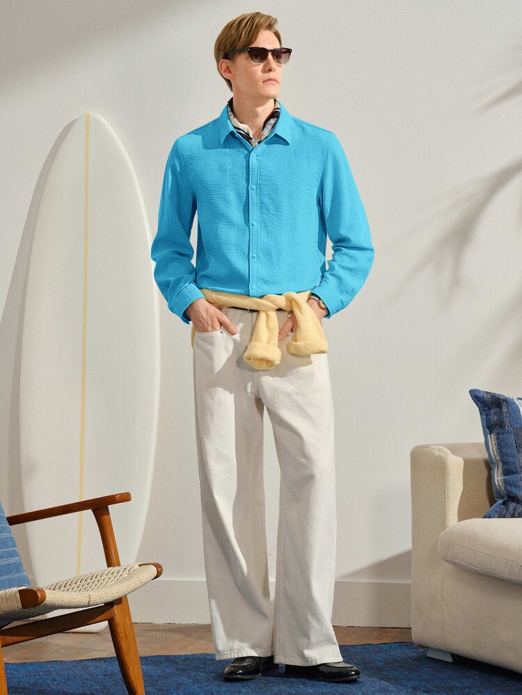 VeloEdit Men's Stylish Teal Blue Fabric Shirt With Long Sleeves And Shirt Collar For Business Commuting, Formal, Ceremony - Teal Blue - View 2
