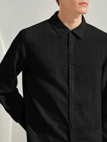 VeloEdit 男士純色長袖正式襯衫，商務日常黑色正裝襯衫，素色春夏秋冬禮服旅行鈕扣襯衫上衣 - 純黑 - 查看 8