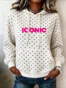 SHEIN LUNE 女款波點字母 ICONIC City Tour 圖案印花長袖抽繩連帽衛衣，前袋式袋鼠口袋，休閒寬鬆套頭衫 - 彩色 - 查看 7