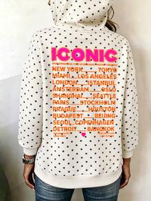 SHEIN LUNE 女款波點字母 ICONIC City Tour 圖案印花長袖抽繩連帽衛衣，前袋式袋鼠口袋，休閒寬鬆套頭衫 - 彩色 - 查看 5