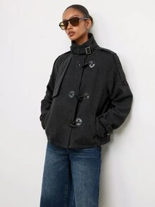 Maija Dark Gray Autumn/Winter Women's Jacket With Horn Button Decor For Holiday City Party - Dark Grey - View 1