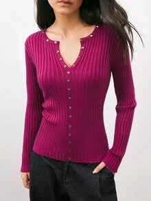 Maija Y2K Urban Purple-Red Women's Knitted Top, Autumn/Winter, Metal Decor, Slim Fit Ribbed - Red Violet - View 1