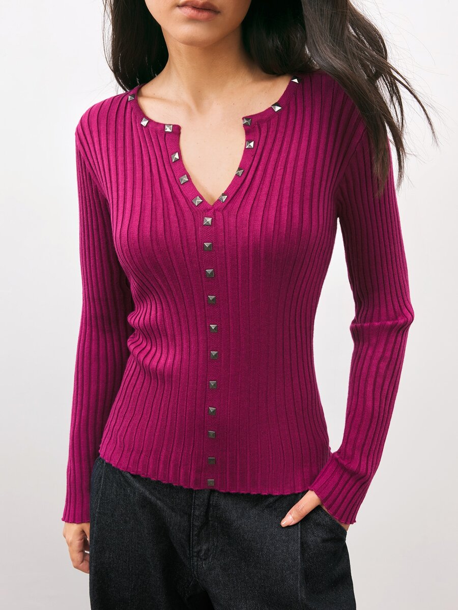 Maija Y2K Urban Purple-Red Women's Knitted Top, Autumn/Winter, Metal Decor, Slim Fit Ribbed - Red Violet - View 1